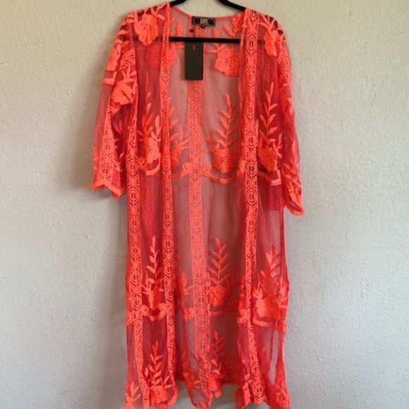 Sweaters - Coral Lace Duster with 3/4 Sleeves Kimono